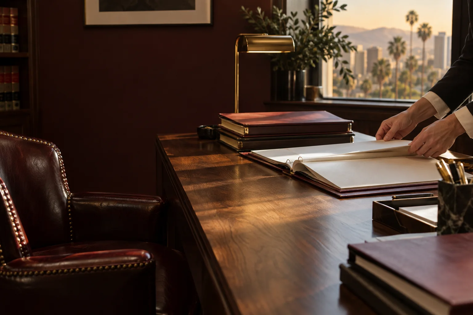 Fictional legal-office scene of a person reviewing a case brief