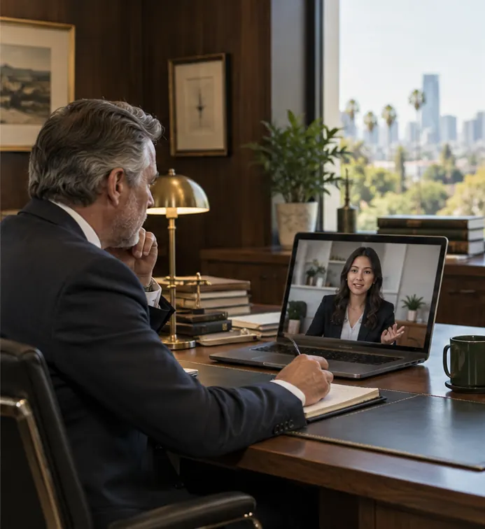 Law firm discussing legal support in a remote meeting