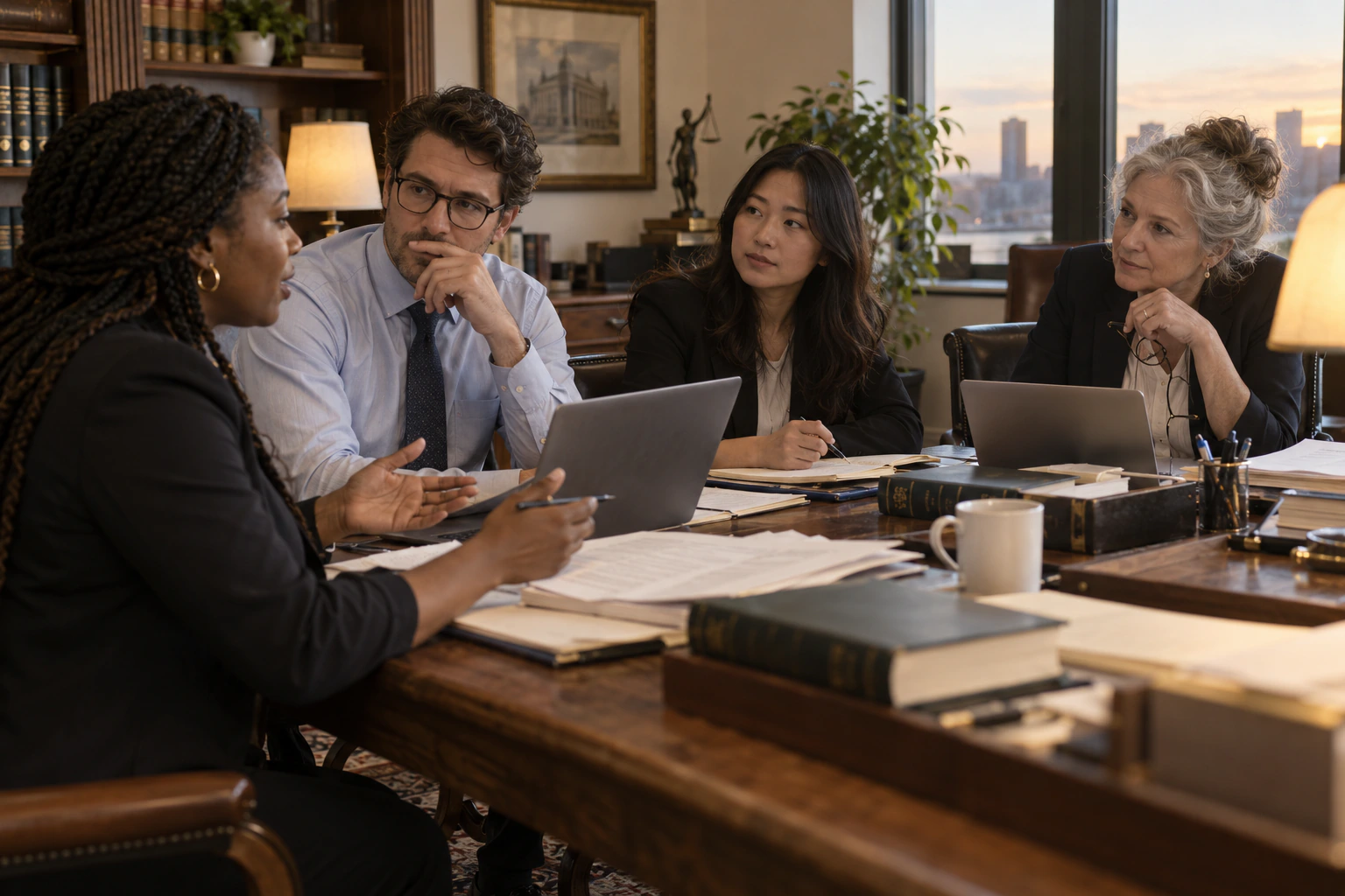 Fictional legal team reviewing case materials at work