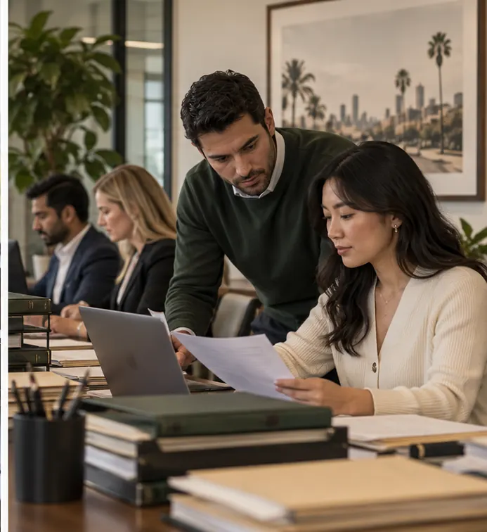 Legal team reviewing work together