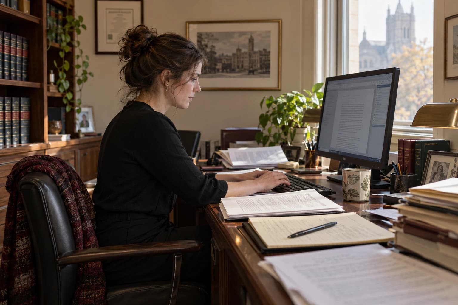Fictional legal professional working on case materials